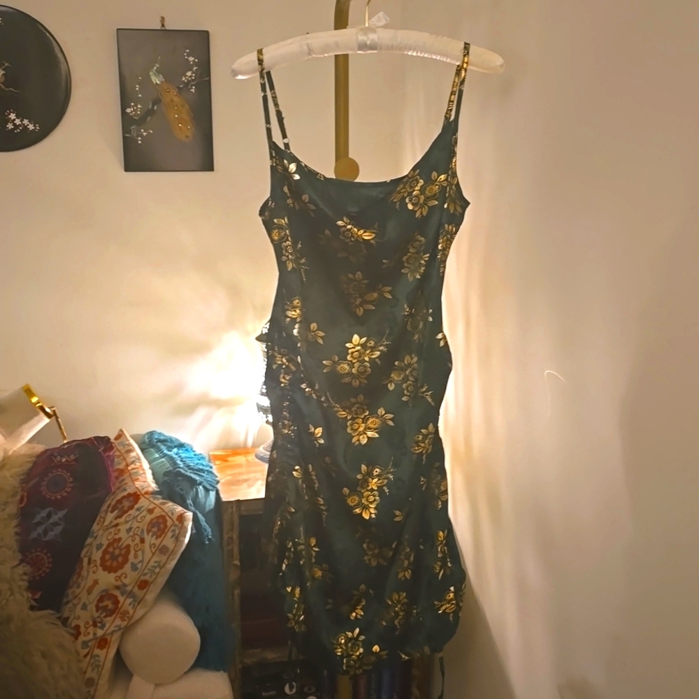 Romantic silky green embossed dress with gold printed floral